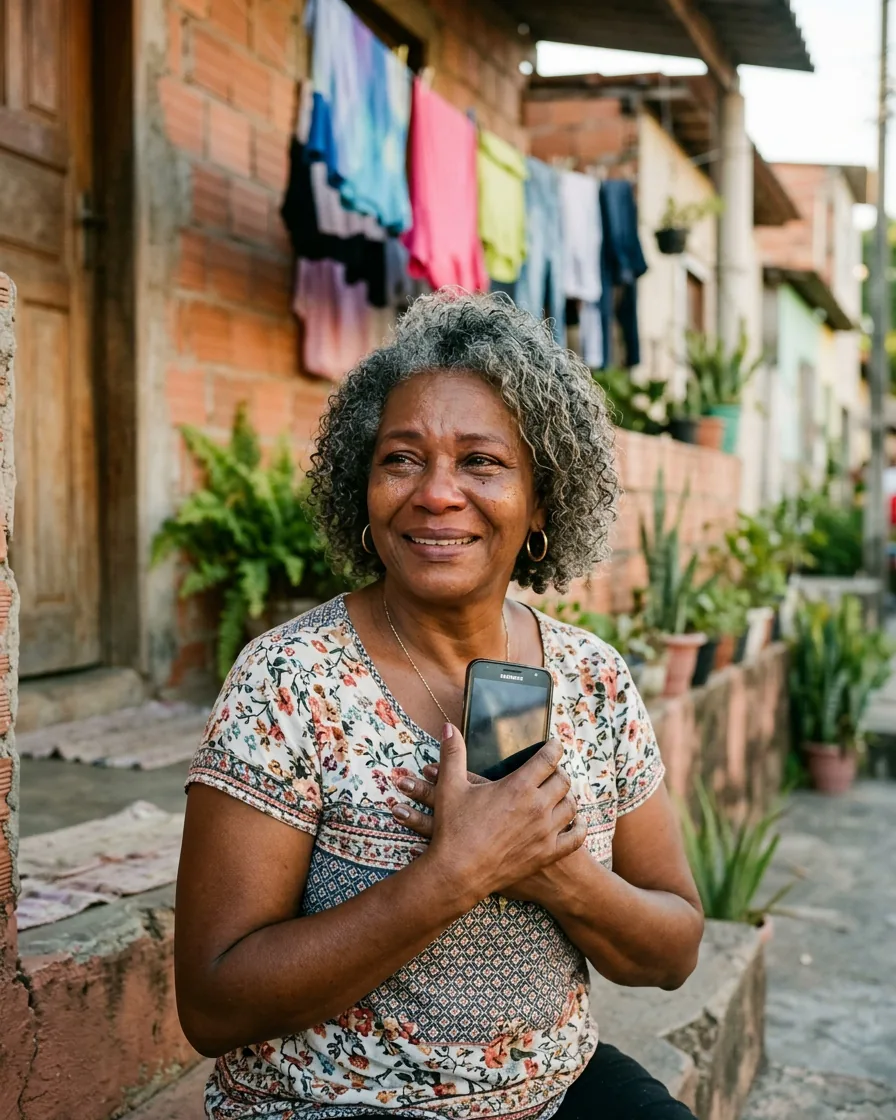 A Brazilian woman in her sixties holds her phone against her chest, smiling with proud, wet eyes in golden-hour light.