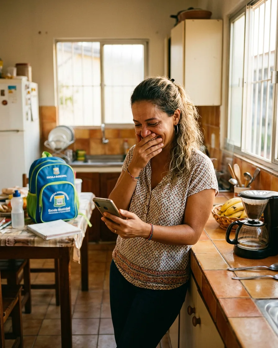 A Brazilian mother in her kitchen smiles at her phone, one hand over her mouth with emotion.
