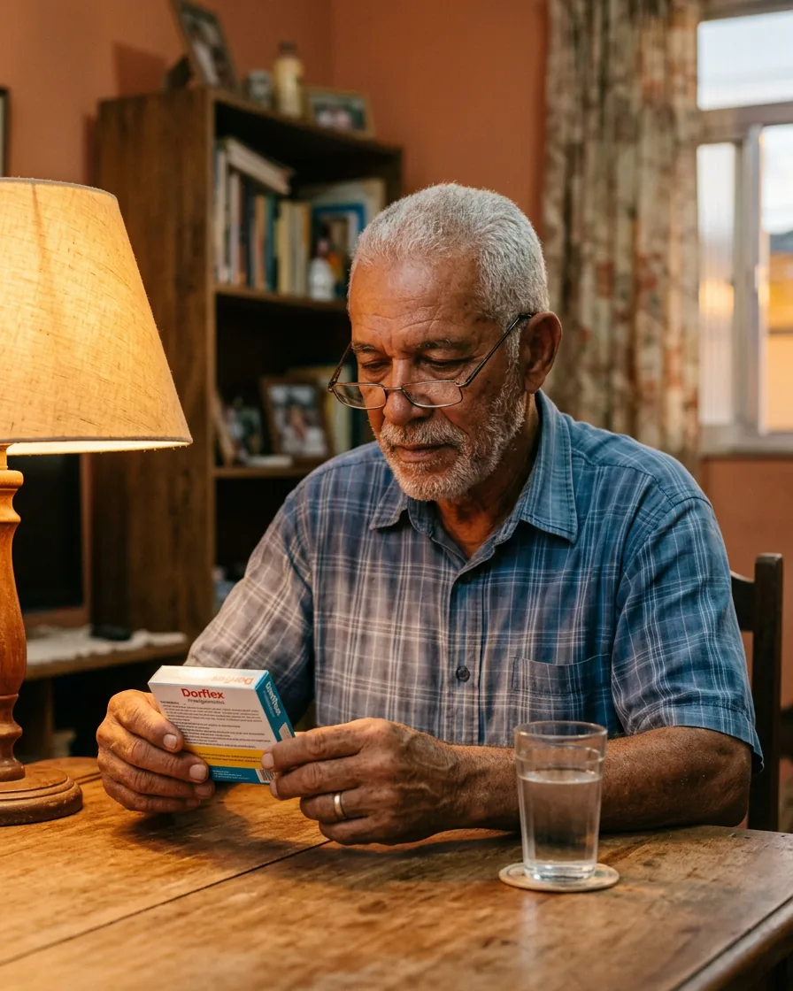 An older Brazilian man with reading glasses carefully reads a medicine box under warm lamp light.