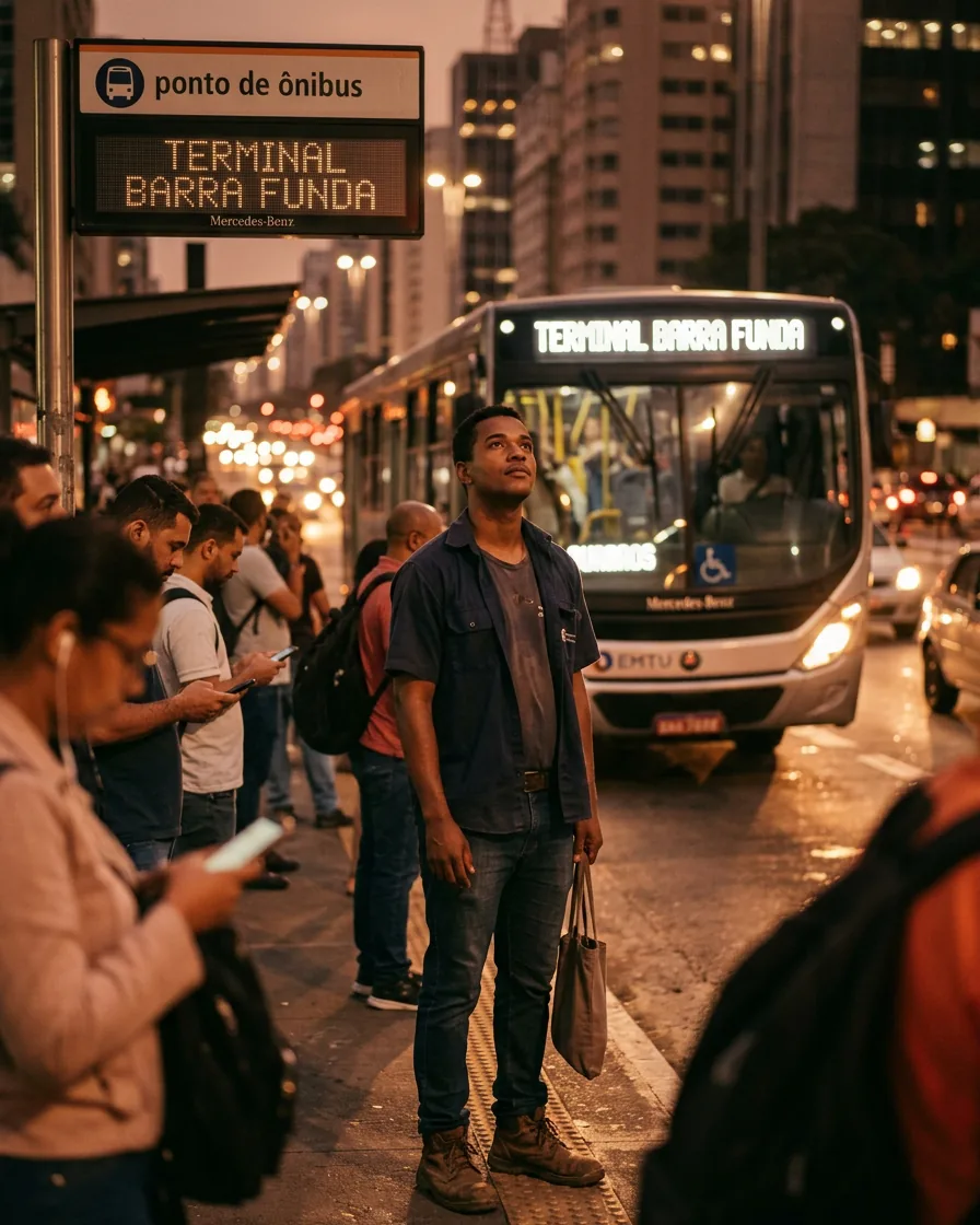 A young Brazilian man at a bus stop at dusk looks up at the illuminated destination sign of an arriving bus.