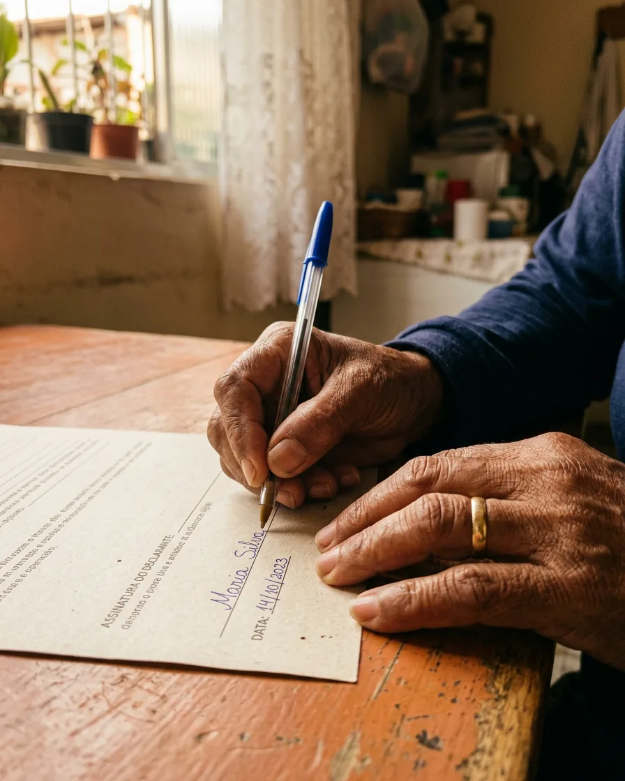 The weathered hands of an older Brazilian woman signing her name with a blue pen on an official form.