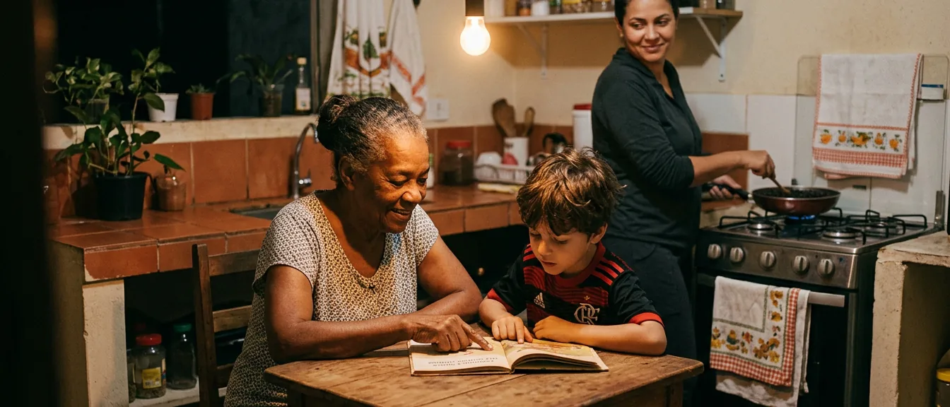 Three generations of a Brazilian family in a warm kitchen at night: a grandmother reads a book aloud with a child while the mother cooks and watches, smiling.